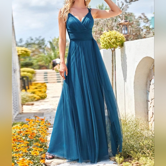 Ever Pretty Dresses & Skirts - Ever Pretty Floor Length V Neck Tulle Dress In Teal Size 0XL NWT MSRP $79.99